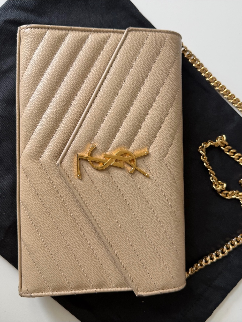 Saint Laurent Beige Quilted Envelope Crossbody with Gold YSL Chain
